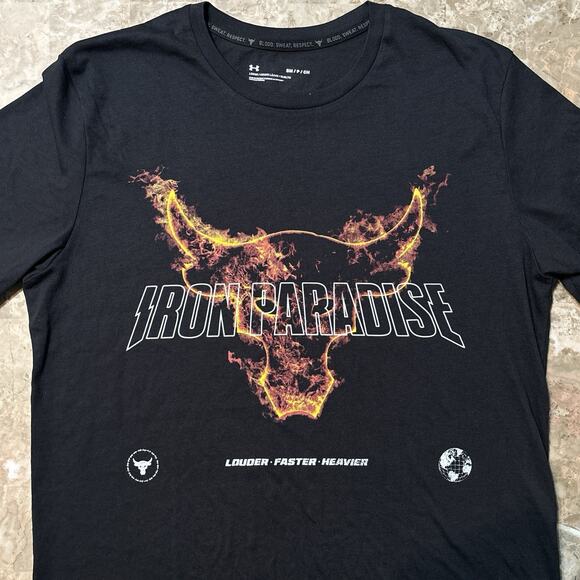 Under Armour Project Rock Shirt Mens Small Black Flaming Bull Disruption Gym BSR - Picture 1 of 10